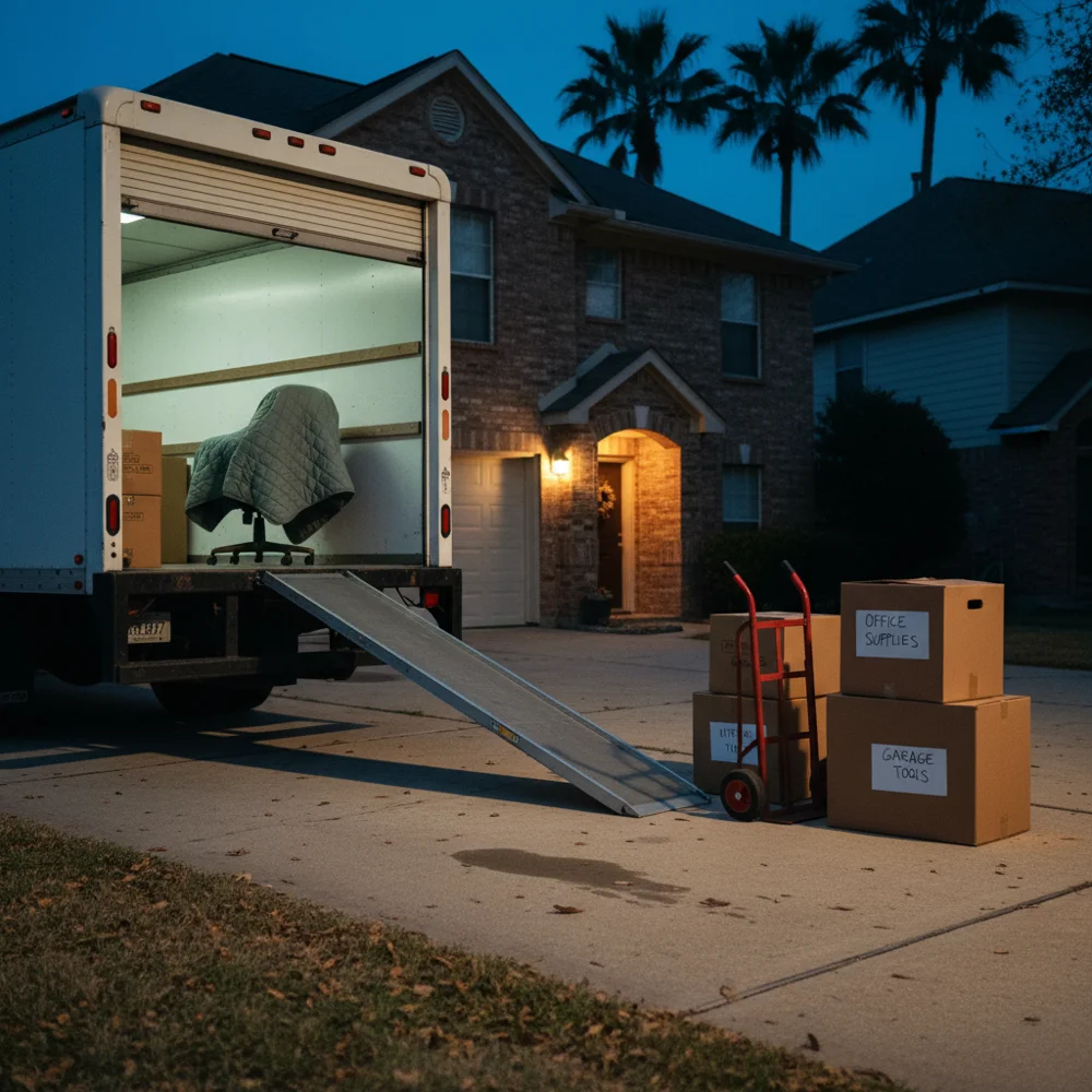 Moving truck staged at a suburban Houston home at twilight